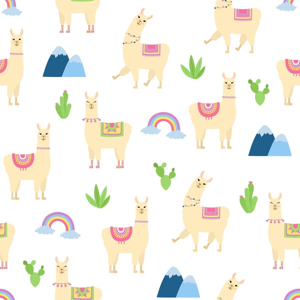 Cute llama seamless pattern. Cartoon alpaca, rainbow, cactuses and mountains on white background. vector