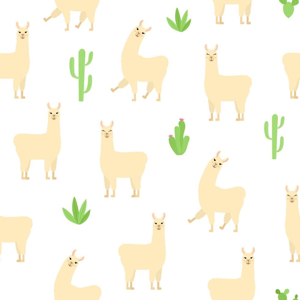 Cute llama seamless pattern. Cartoon alpaca and cactuses on white background. vector