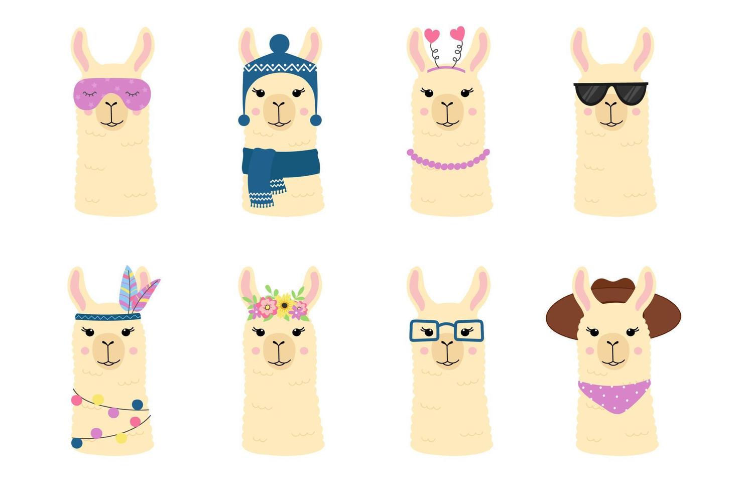 linda colección de cabezas de llama. alpacas divertidas con diferentes accesorios. plantilla para diseño de vivero, afiche, papelería, tarjeta de cumpleaños, invitación, impresión de pantalones, ducha de bebé y decoración de fiesta vector