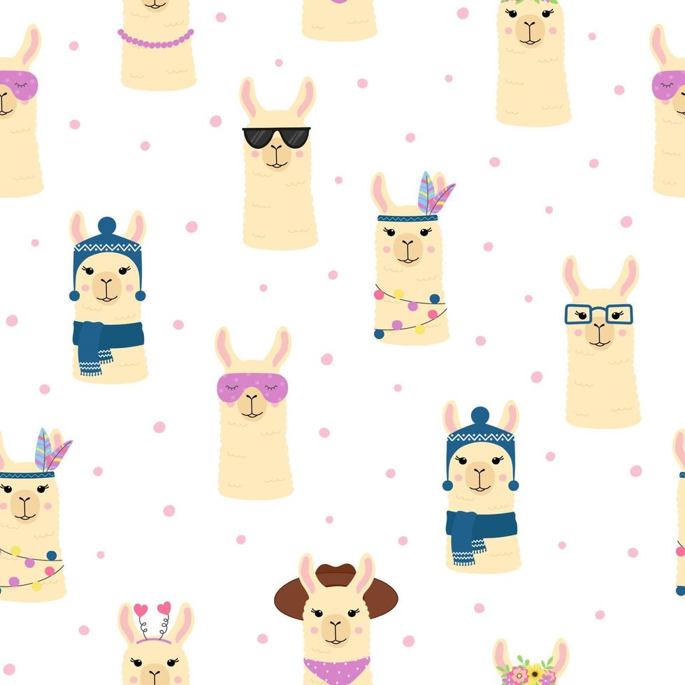 Cute llama heads seamless pattern. Funny alpacas with different accessories on white background vector