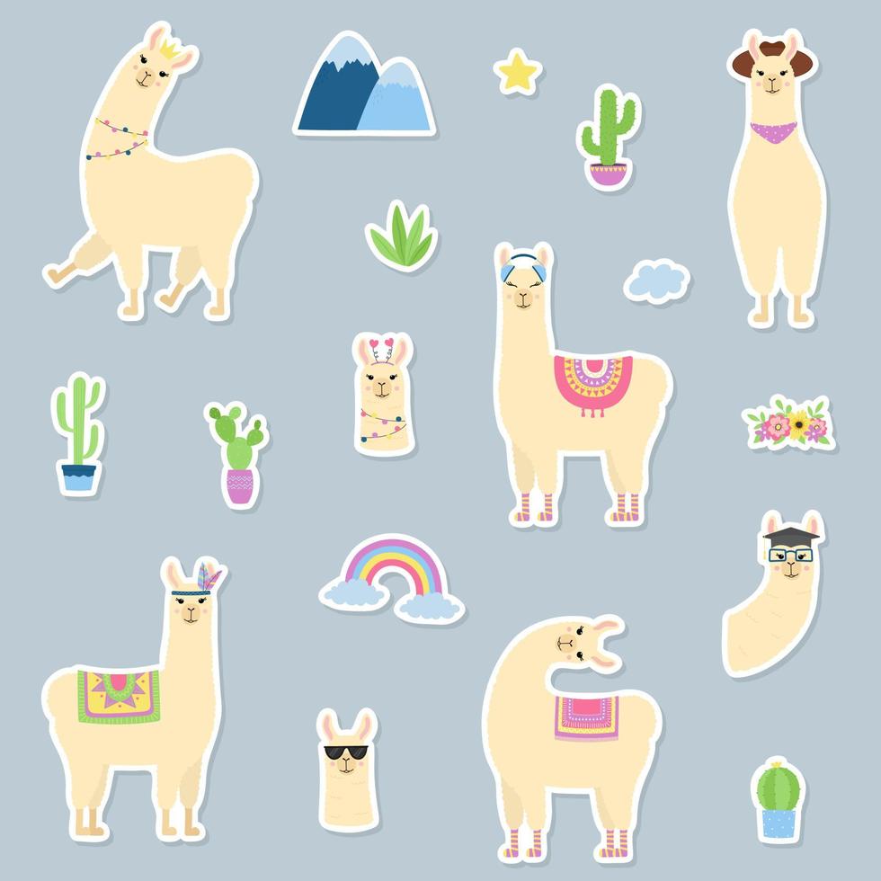 Cute llamas stickers set. Funny alpacas with different accessories, mountain, cactuses. vector