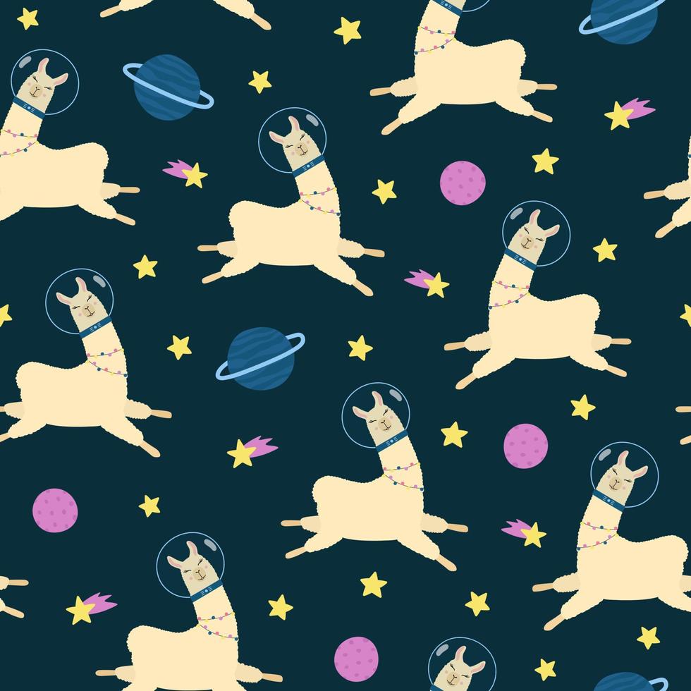 Cute llama in space seamless pattern. Cartoon alpaca in astronaut suit, stars and planets on dark blue background. vector