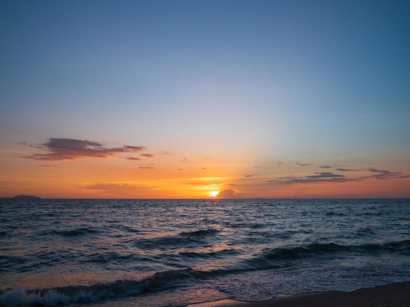 landscape viewpoint panorama  summer sea wind wave cool holiday calm coastal sunset sky light orange golden evening day look calm Nature tropical Beautiful sea water travel Bangsaen Beach thailand photo