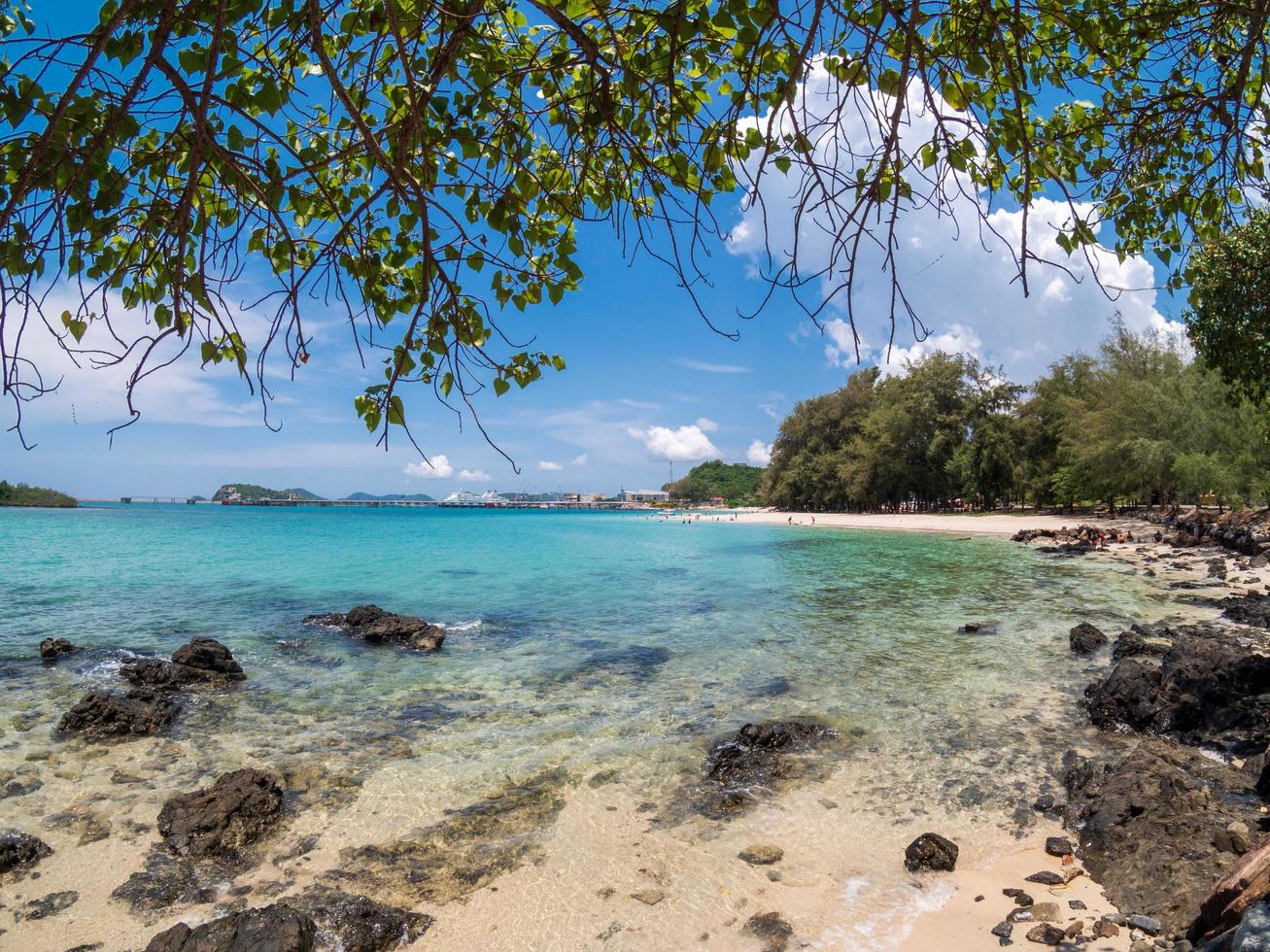 Landscape summer view  tropical sea beach rock blue sky white sand background calm Nature ocean Beautiful wave crash splashing water travel Nang Ram Beach East thailand Chonburi Exotic horizon. photo