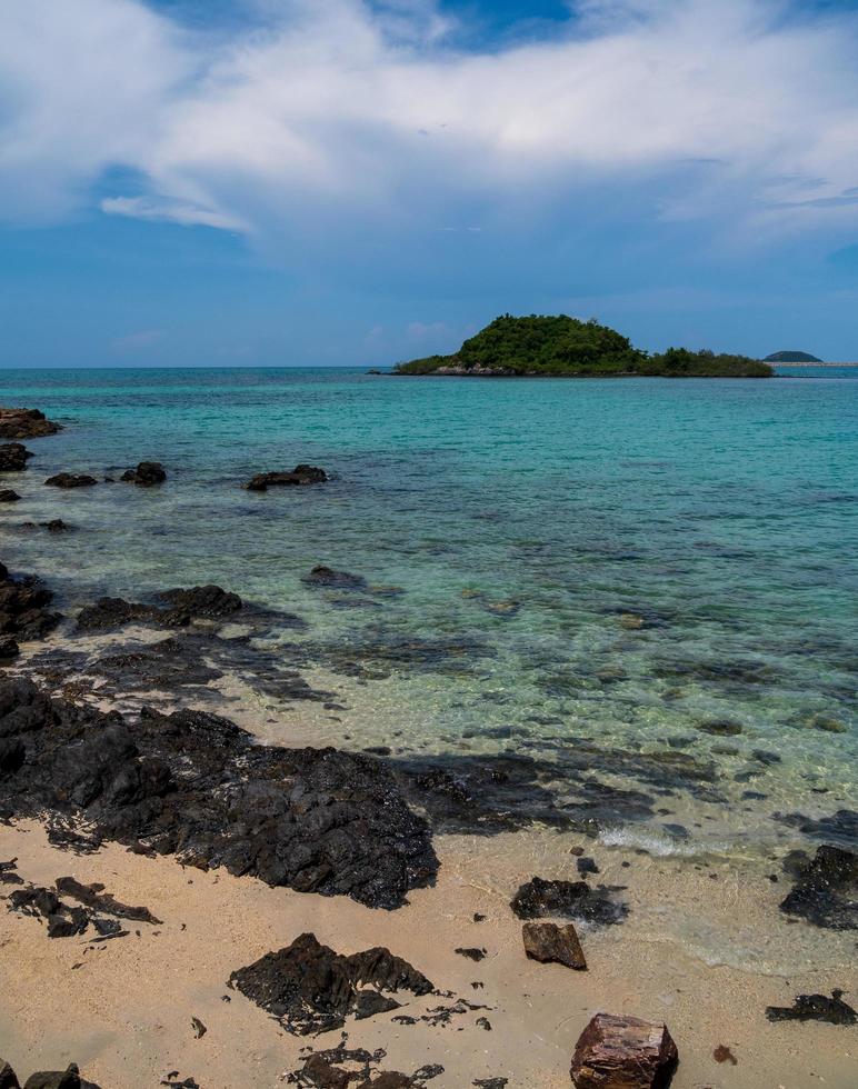 Landscape summer view  tropical sea beach rock blue sky white sand background calm Nature ocean Beautiful wave crash splashing water travel Nang Ram Beach East thailand Chonburi Exotic horizon. photo