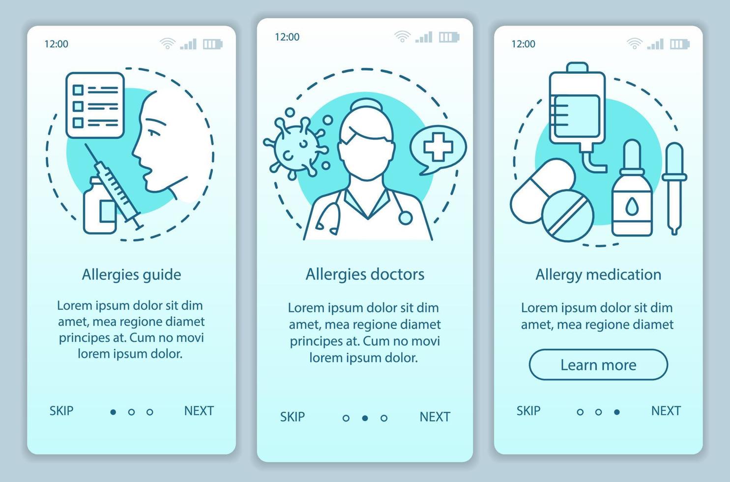 Allergy medical help onboarding mobile app page screen vector template. Allergies guide, doctors, medication. Walkthrough website steps with illustrations. UX, UI, GUI smartphone interface concept