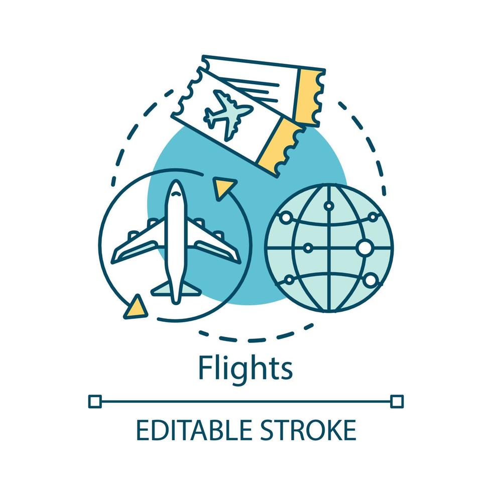 Flights concept icon. Plane travel idea thin line illustration. Tourism, journey. Arrival, departure flights. International airlines, tickets. Vector isolated outline drawing. Editable stroke