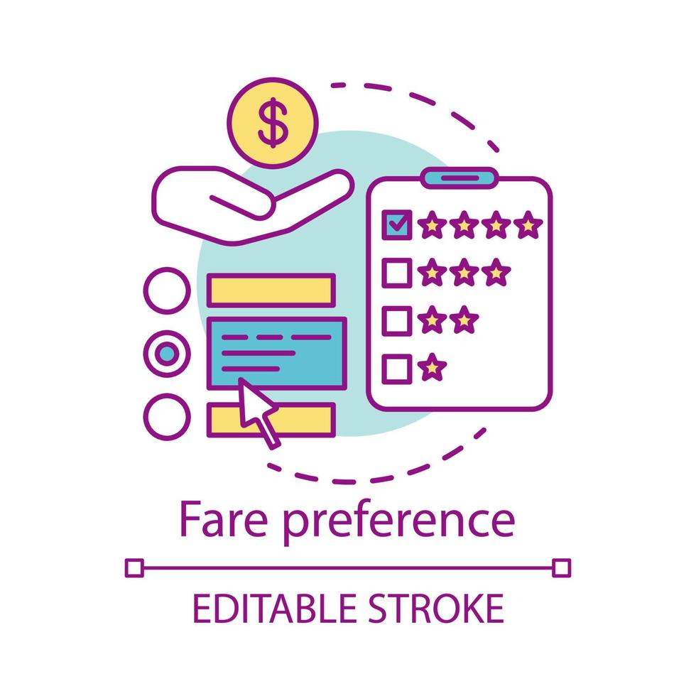 Fare preference concept icon. Transportation costs idea thin line illustration. Travel expenses. Services, airline classes price. Airplane amenities. Vector isolated outline drawing. Editable stroke