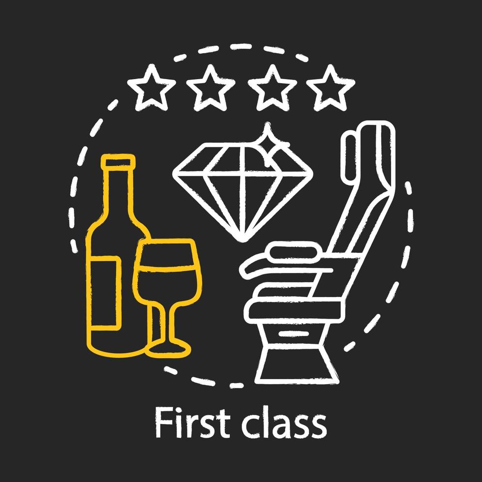 First class chalk icon. Passenger seat. Aircraft travel class seating. Business trip. Comfort, vip. Glass of champagne. Luxury airplane interior. Isolated vector chalkboard illustration