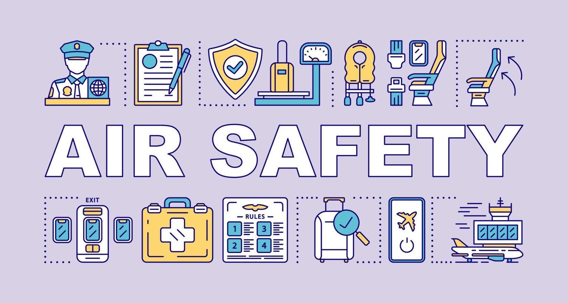 Air safety word concepts banner. Airline security. Airplane rules, accident prevention. Presentation, website. Isolated lettering typography idea with linear icons. Vector outline illustration