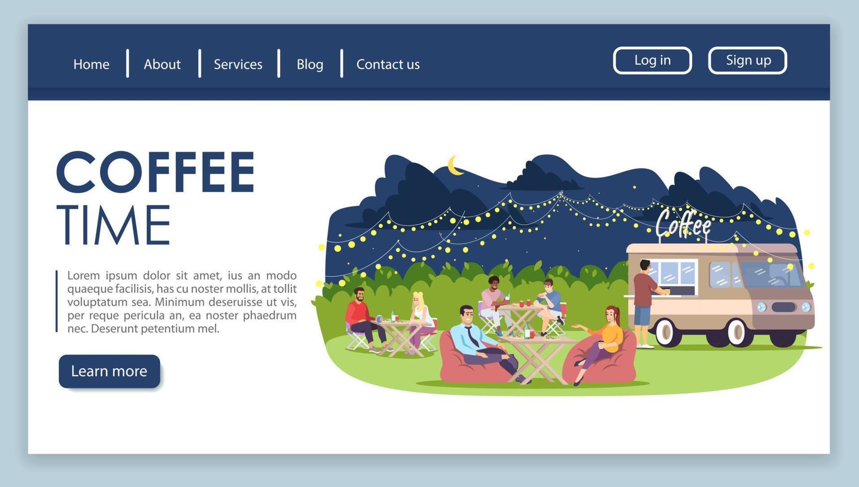 plantilla de vector de página de inicio de tiempo de café. idea de interfaz de sitio web de camión de comida callejera con ilustraciones planas. diseño de la página de inicio del festival de la ciudad. personas descansando en el banner web del café del parque, concepto de dibujos animados de la página web