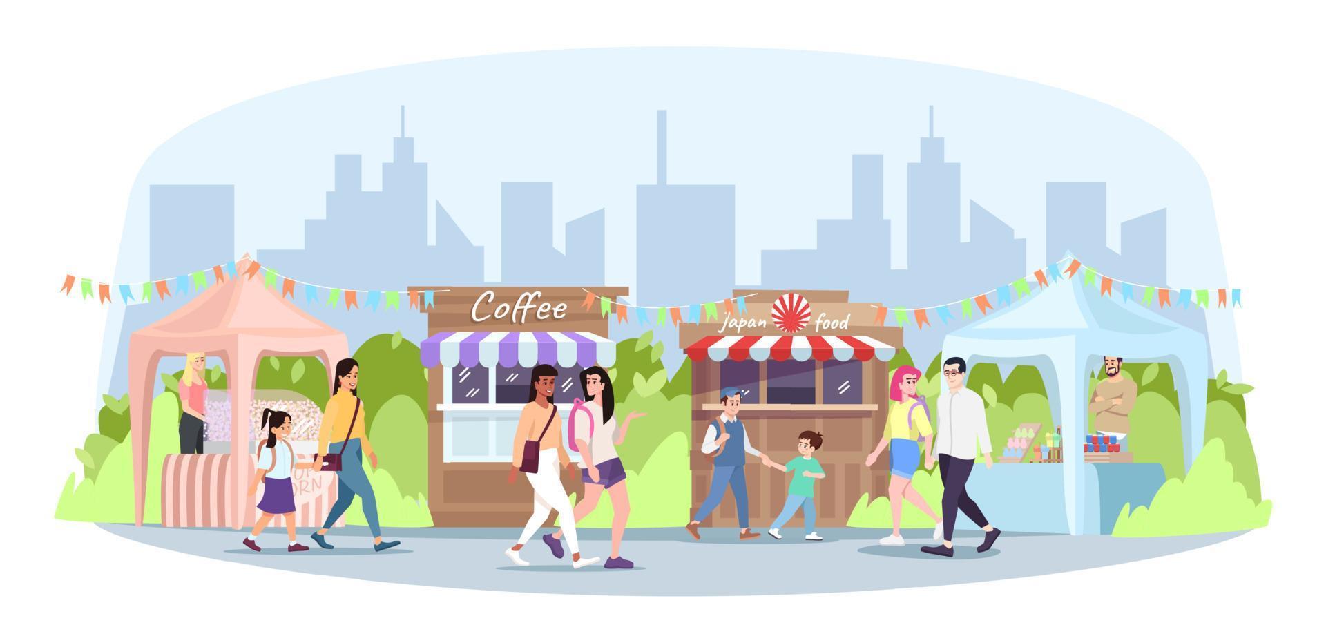 Street food festival flat vector illustration. Summer outdoor rest in town. Sellers, buyers, trade tents and cafe with snacks, ready meal. City picnic isolated cartoon characters on white background