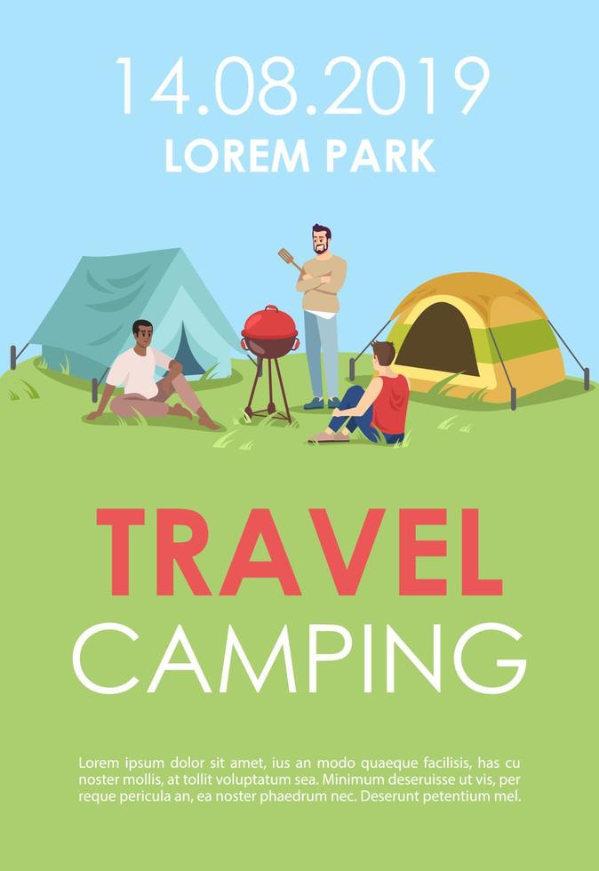 Travel camping brochure template. Summer picnic flyer, booklet, leaflet concept with flat illustrations. Vector page layout for magazine. Barbecue festival advertising invitation with text space