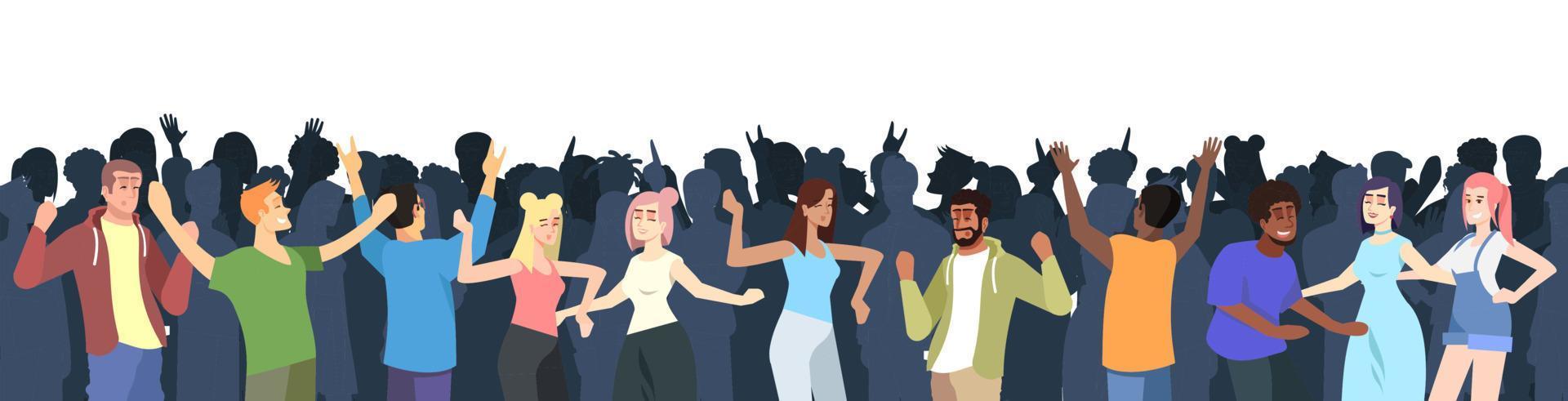 Summer music festival flat vector illustration. Crowd having fun at open air concert. Summertime pleasure outdoor activity. Dancing people isolated cartoon characters on white background