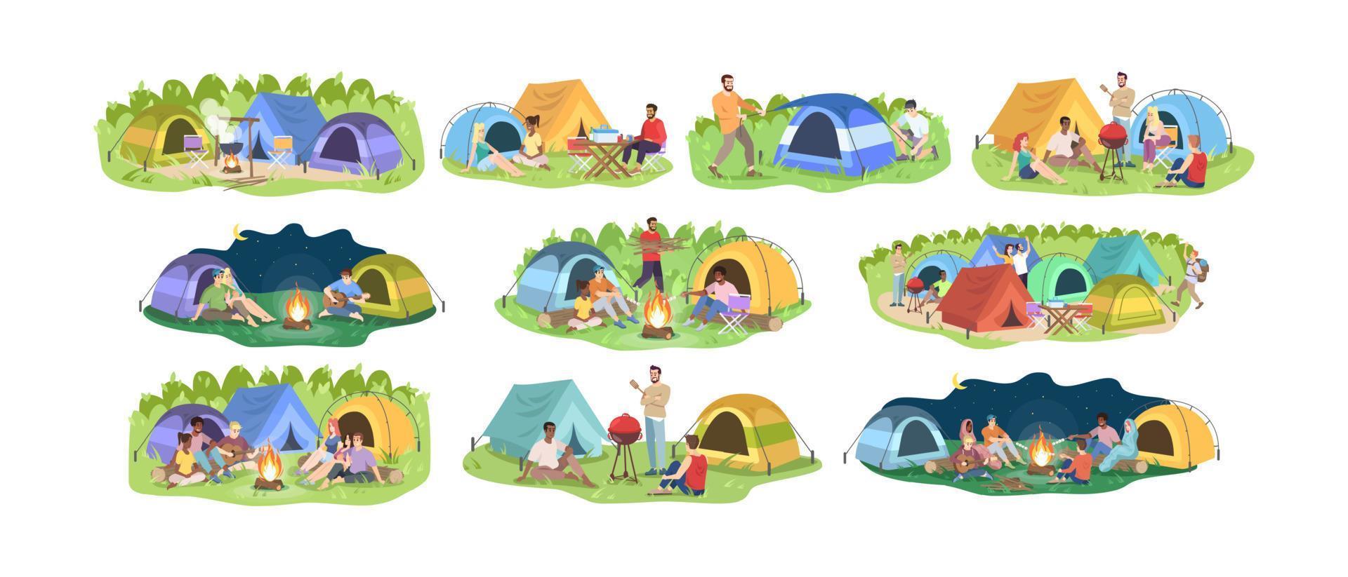 Camping festival flat vector illustrations set. Happy men and women, young campers cartoon characters. Outdoor picnic, seasonal nature recreation. Summer forest rest isolated on white background