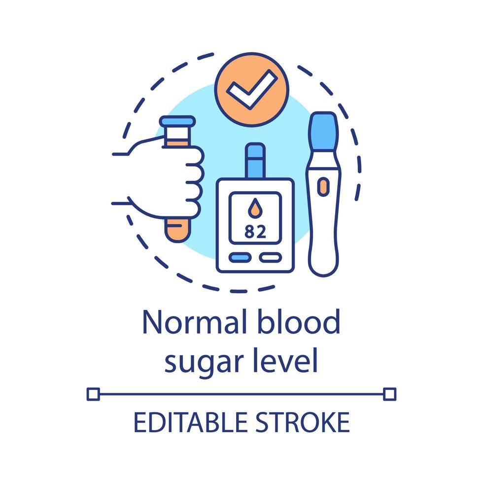 Normal blood sugar level concept icon. Healthy lifestyle idea thin line illustration. Diabetes medical treatment. Glucometer and insulin pen vector isolated outline drawing. Editable stroke