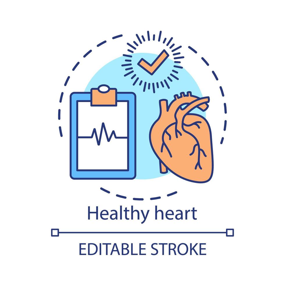 corazón sano, icono del concepto de salud. ilustración de línea delgada de idea de tratamiento médico. diagnóstico de enfermedades. portapapeles con cardiograma y dibujo de contorno aislado del vector de marca de verificación. trazo editable