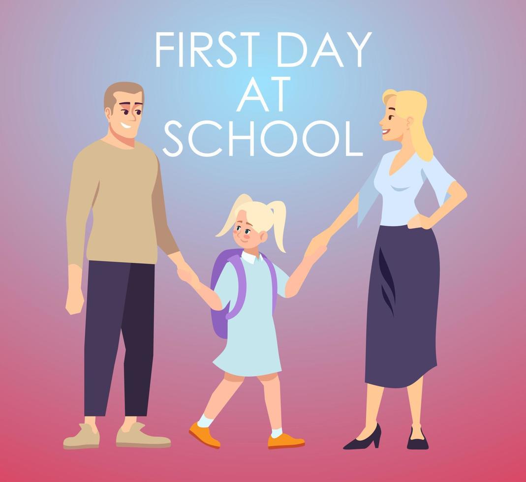 First day at school social media post mockup. Back to school. Advertising web banner design flat style template. Elementary education. Social media booster, content layout. Promotion poster, print ad vector