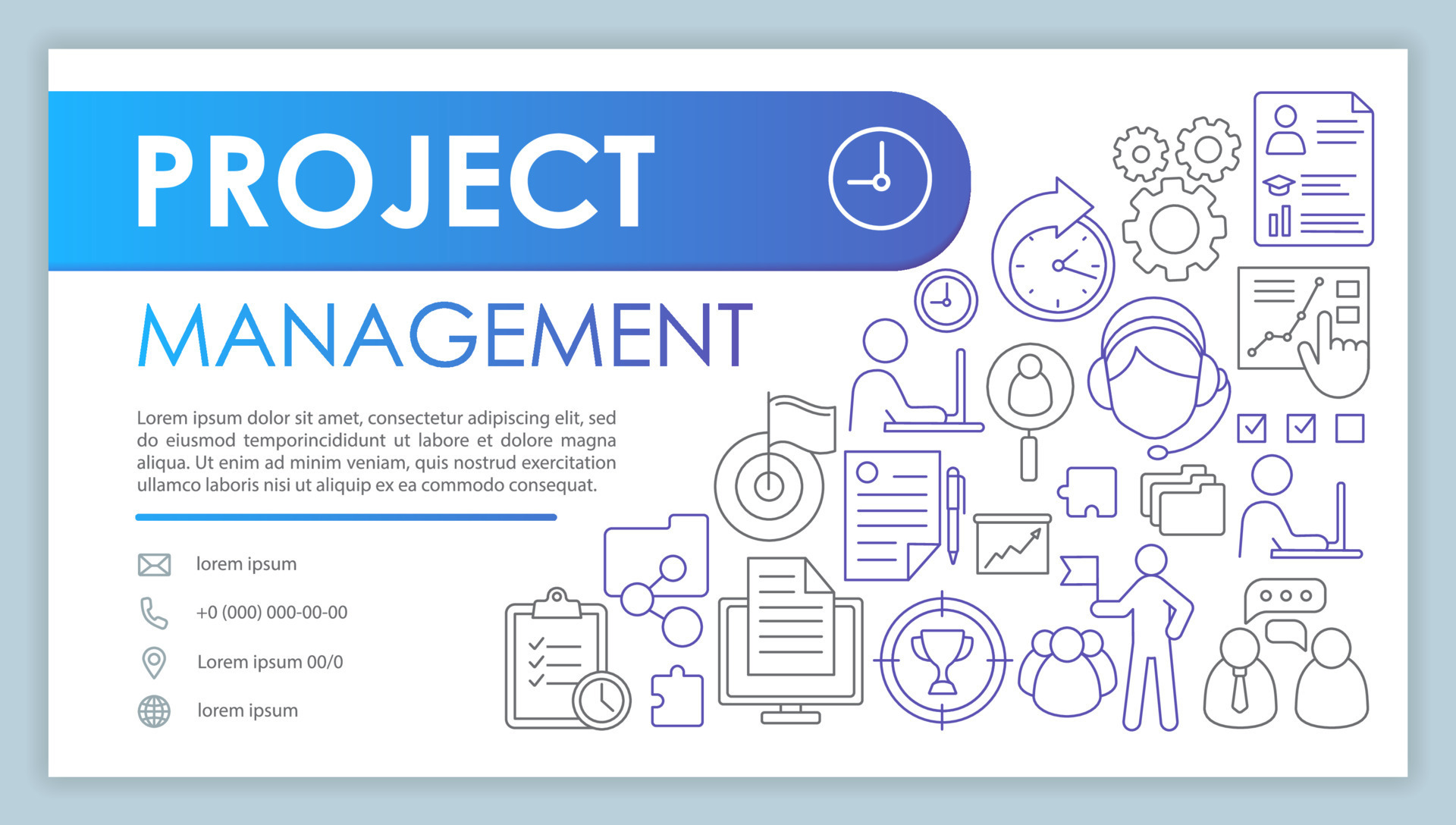 Project management web banner, business card vector template. Company