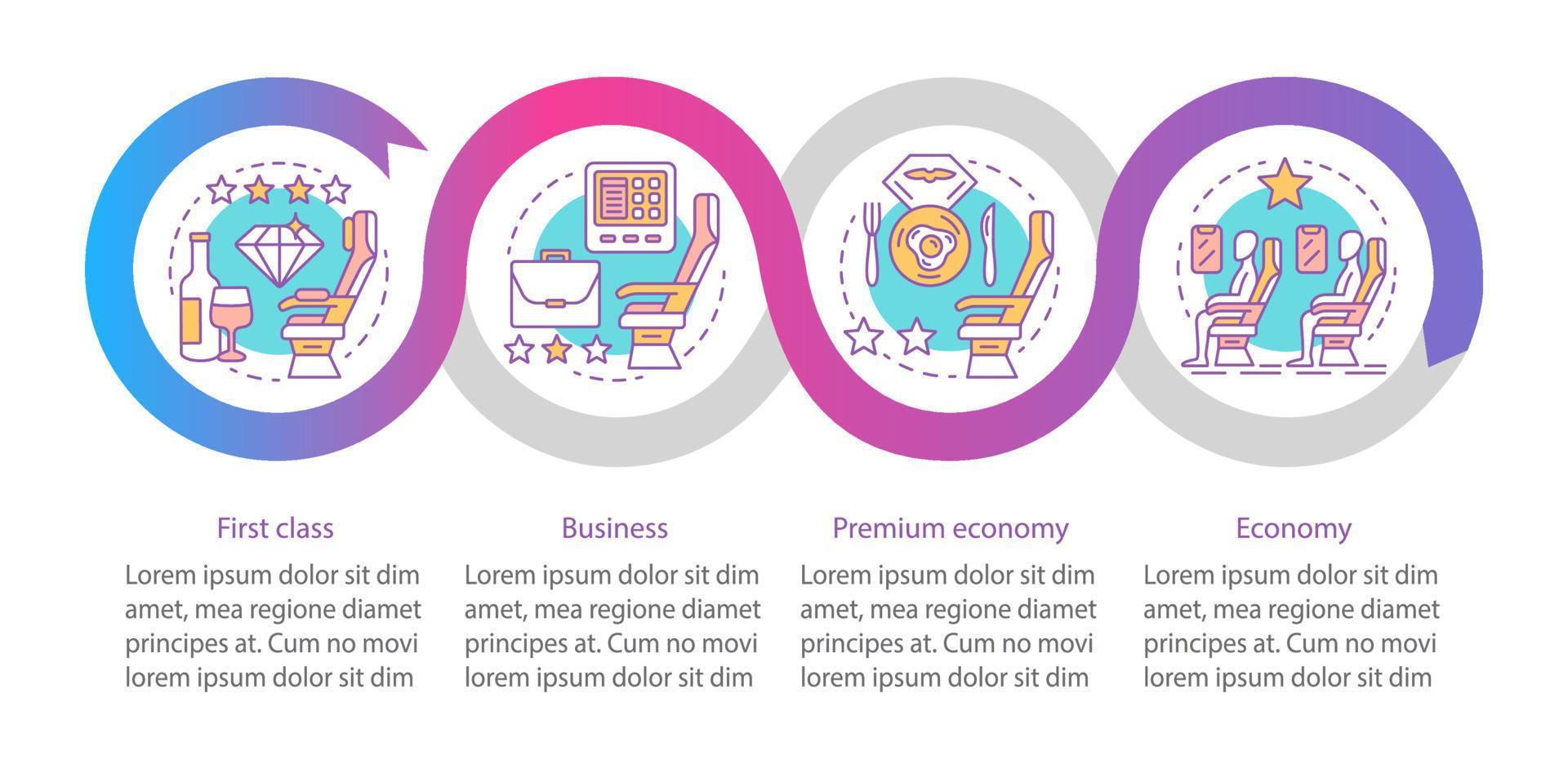 Aircraft travel class seat vector infographic template. Business presentation design elements. Data visualization with four steps and options. Process timeline chart. Workflow layout with linear icons