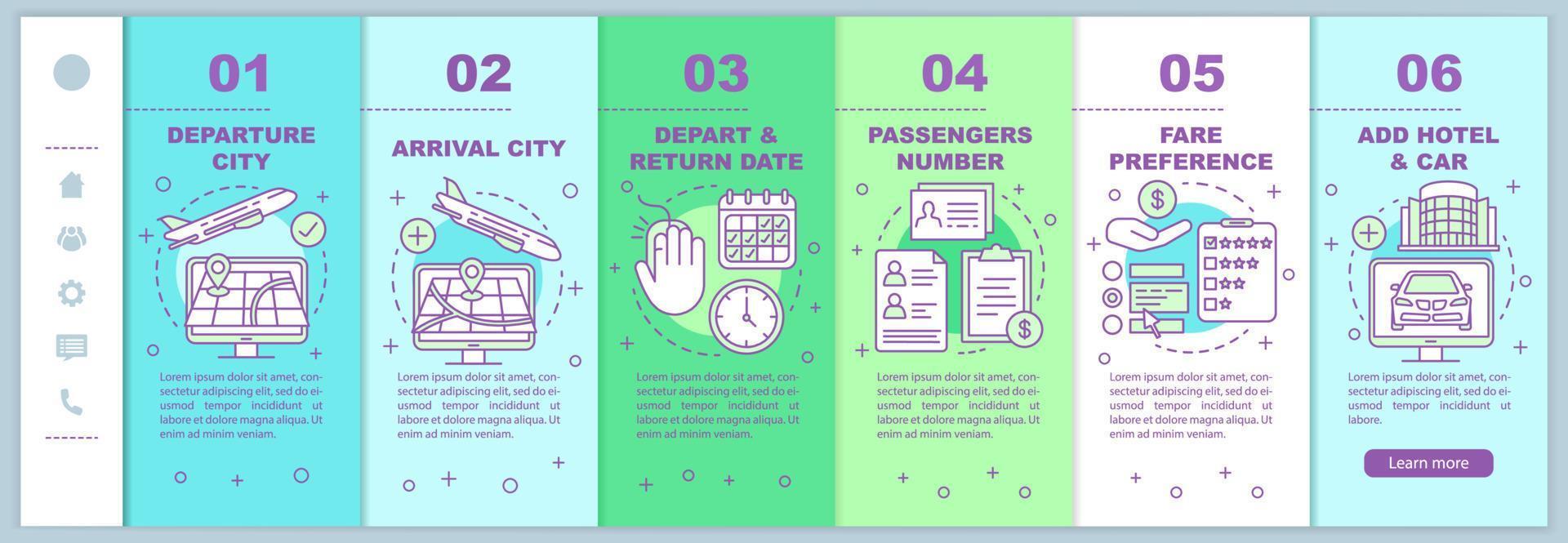 planificación de viajes incorporando plantilla vectorial de páginas web móviles. llegada Salida. idea de interfaz de sitio web de teléfono inteligente sensible con ilustraciones lineales. pantallas de pasos del tutorial de la página web. concepto de color vector