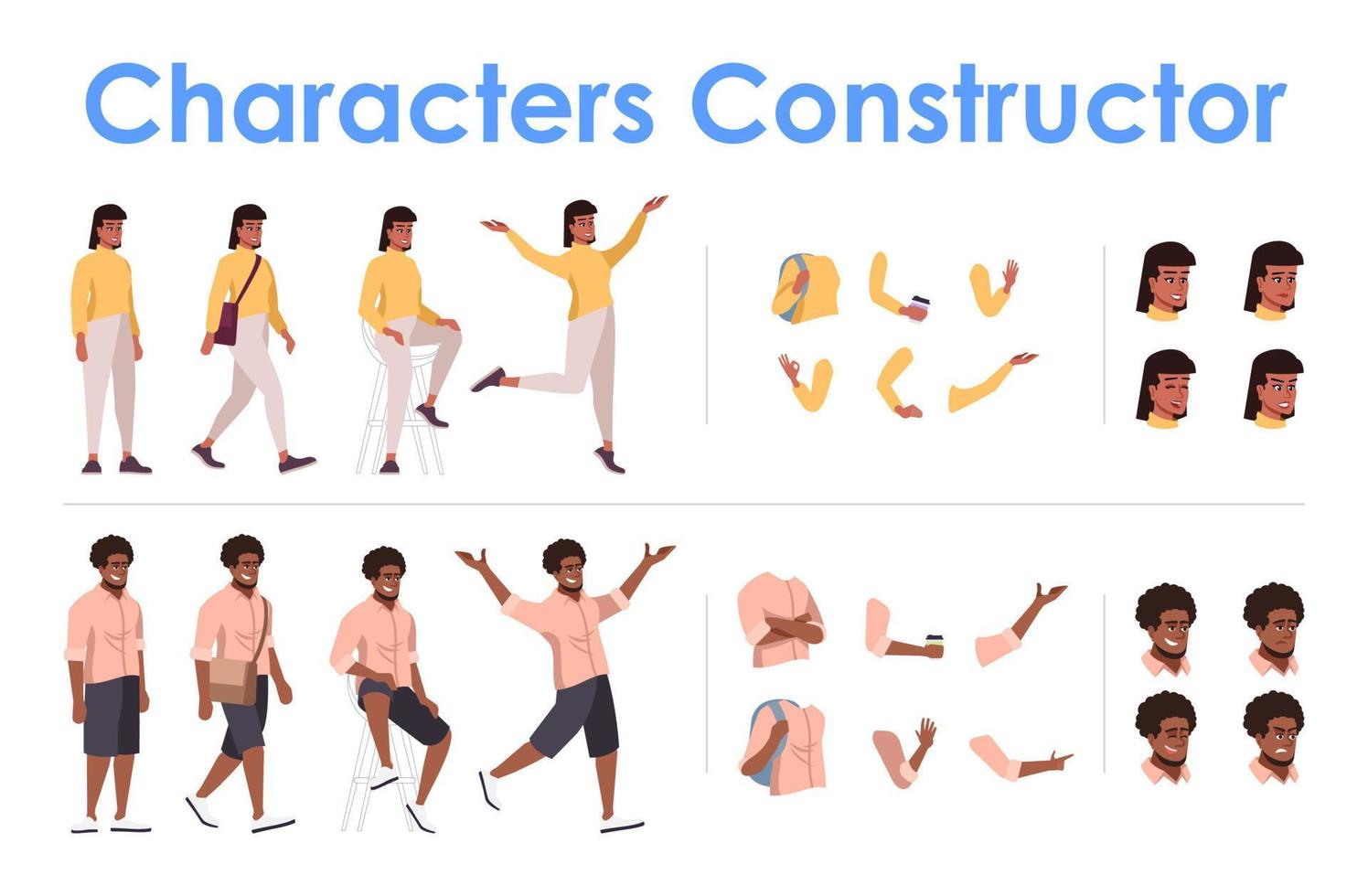 Dark skin male, female front view animated flat vector characters design set. Character animation creation cartoon pack. Man, woman constructor with various face emotion, body poses, hand gestures kit