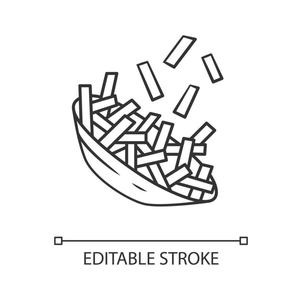Fried potato linear icon. French fries, chips in bowl. Fast food. Cafe menu. Unhealthy nutrition. Junk food. Thin line illustration. Contour symbol. Vector isolated outline drawing. Editable stroke