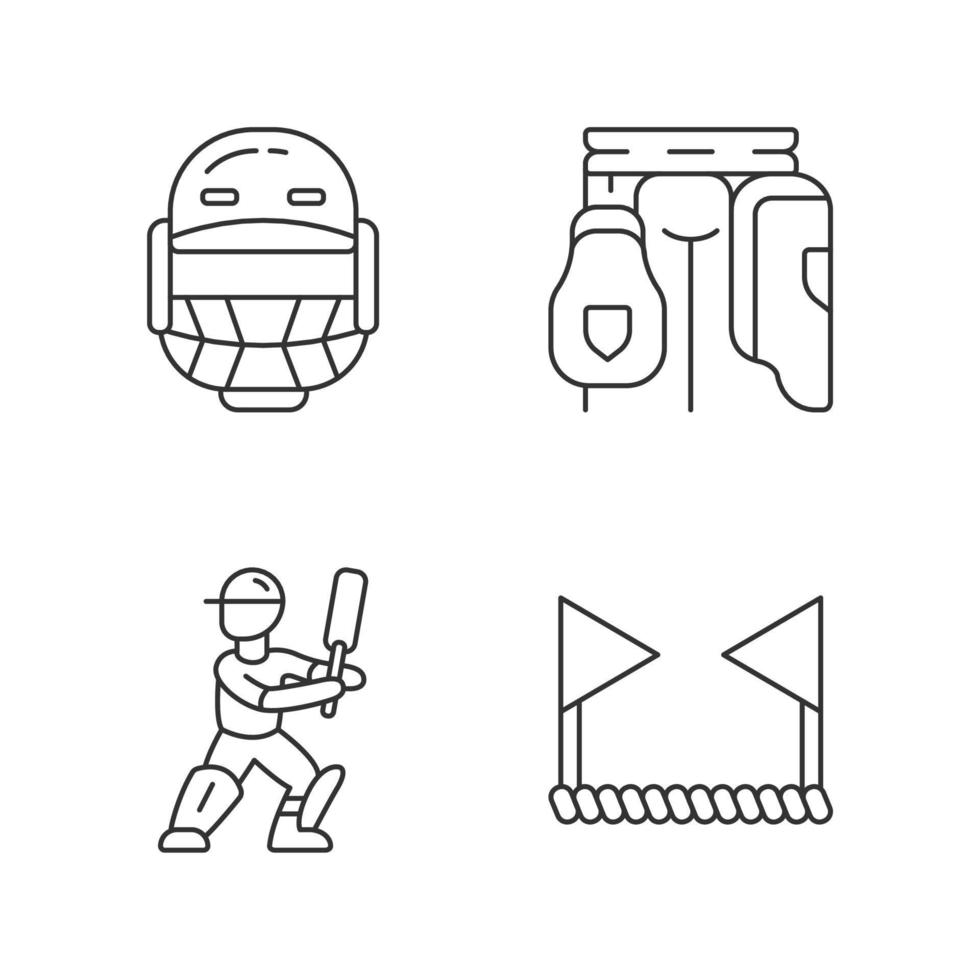 Cricket championship linear icons set. Sport tournament. Helmet, thigh guard, batsman, boundary. Bat and ball game. Thin line contour symbols. Isolated vector outline illustrations. Editable stroke