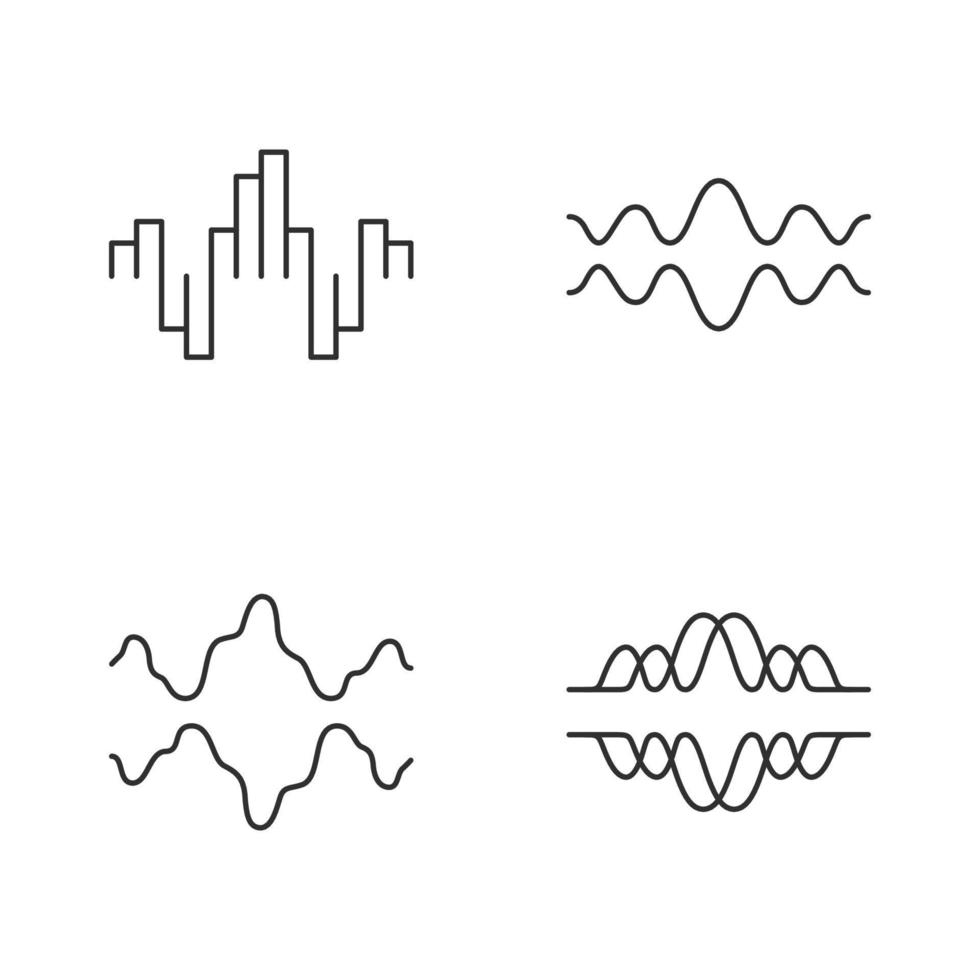 Sound waves linear icons set. Audio, music, radio signal waves. Vibration, synergy lines. Digital curve frequency. Thin line contour symbols. Isolated vector outline illustrations. Editable stroke