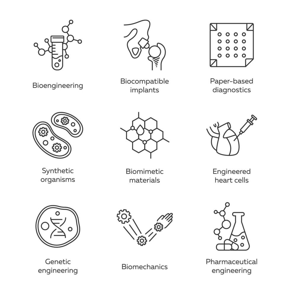 Bioengineering linear icons set. Biotechnology. Molecular biology, biomedical and molecular engineering. Thin line contour symbols. Isolated vector outline illustrations. Editable stroke