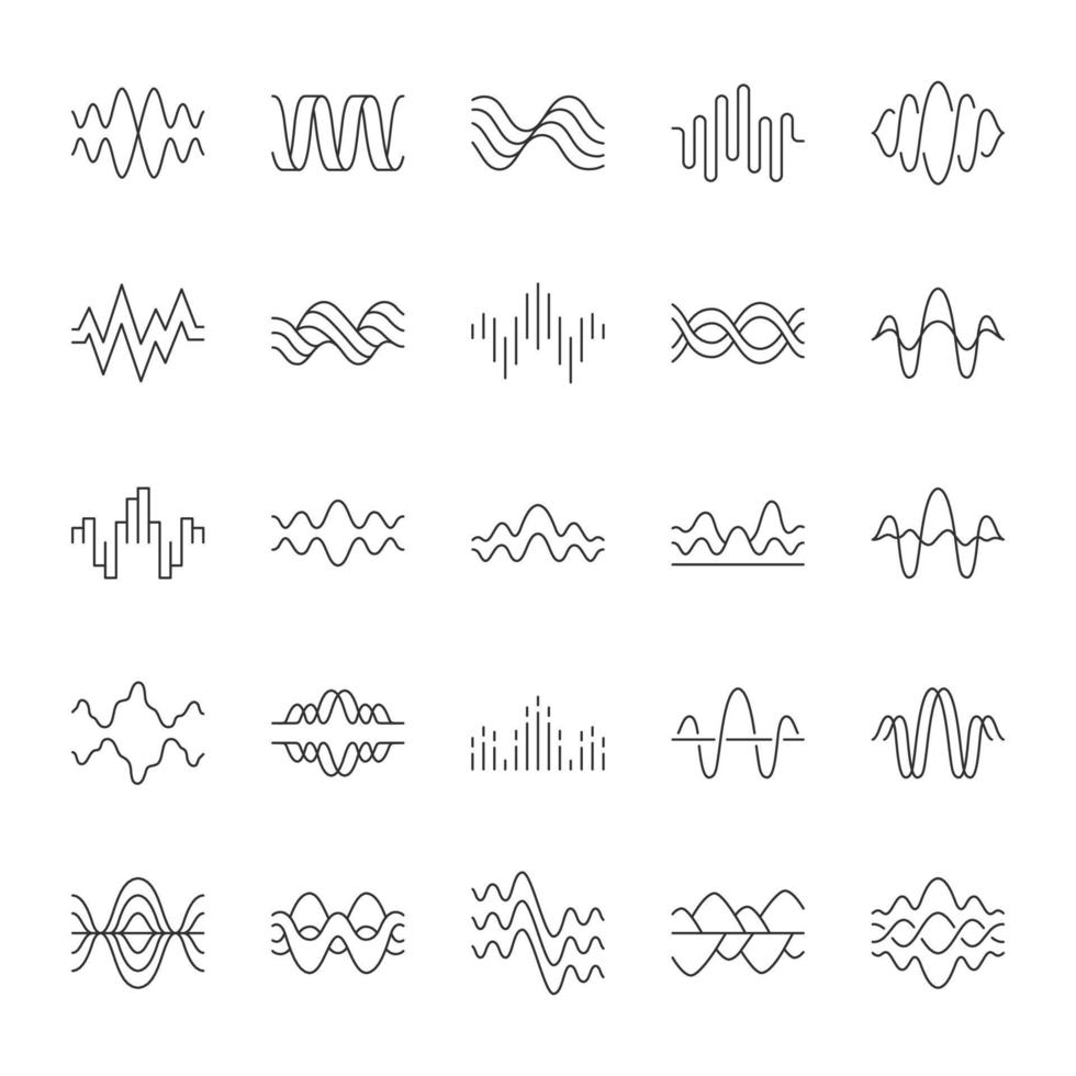 Sound and audio waves linear icons set. Music digital curve soundwaves. Voice recording. Vibration, noise amplitudes. Thin line contour symbols. Isolated vector outline illustrations. Editable stroke