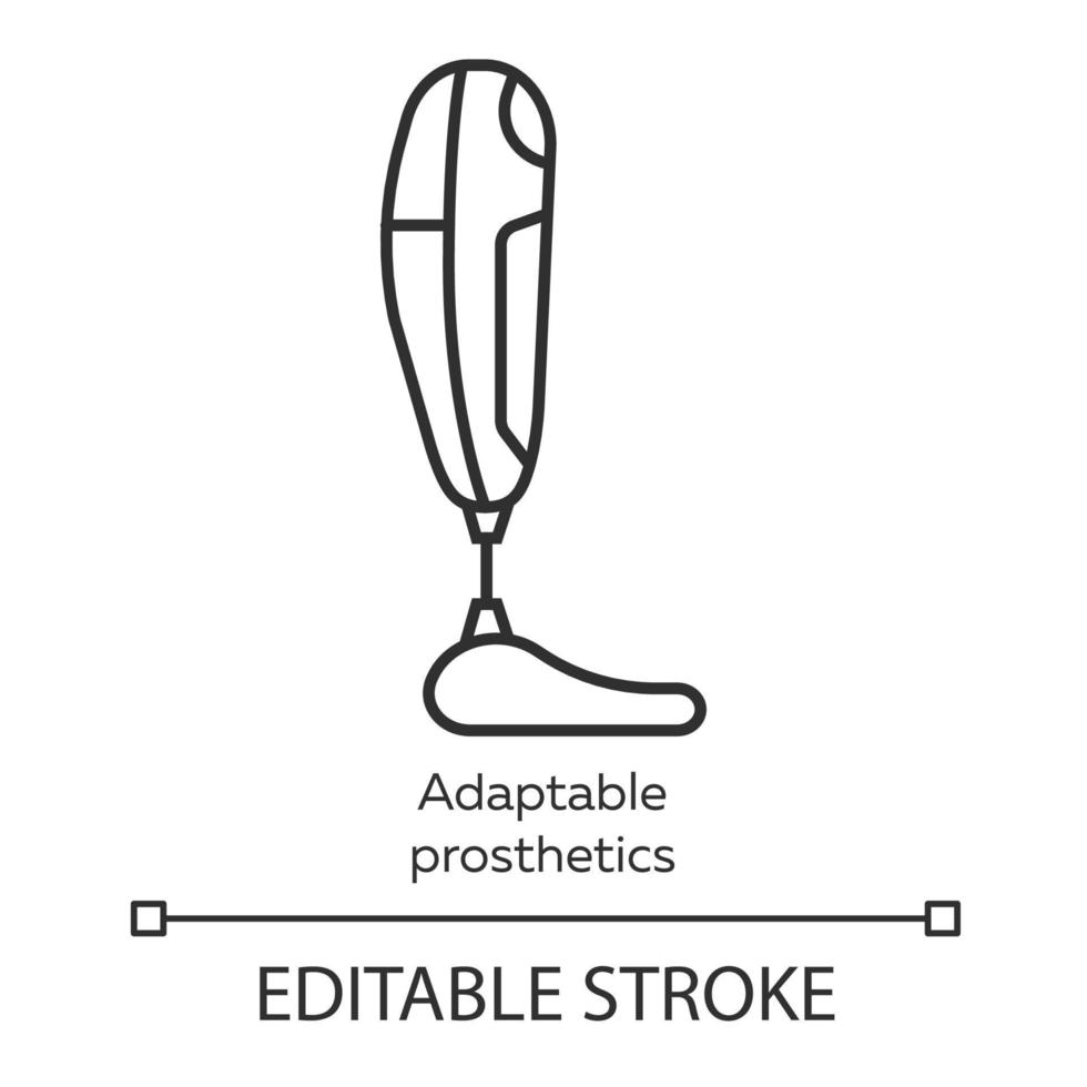 Adaptable prosthetics linear icon. Missing body part replacing. Artificial limb. Bionic foot. Bioengineering. Thin line illustration. Contour symbol. Vector isolated outline drawing. Editable stroke