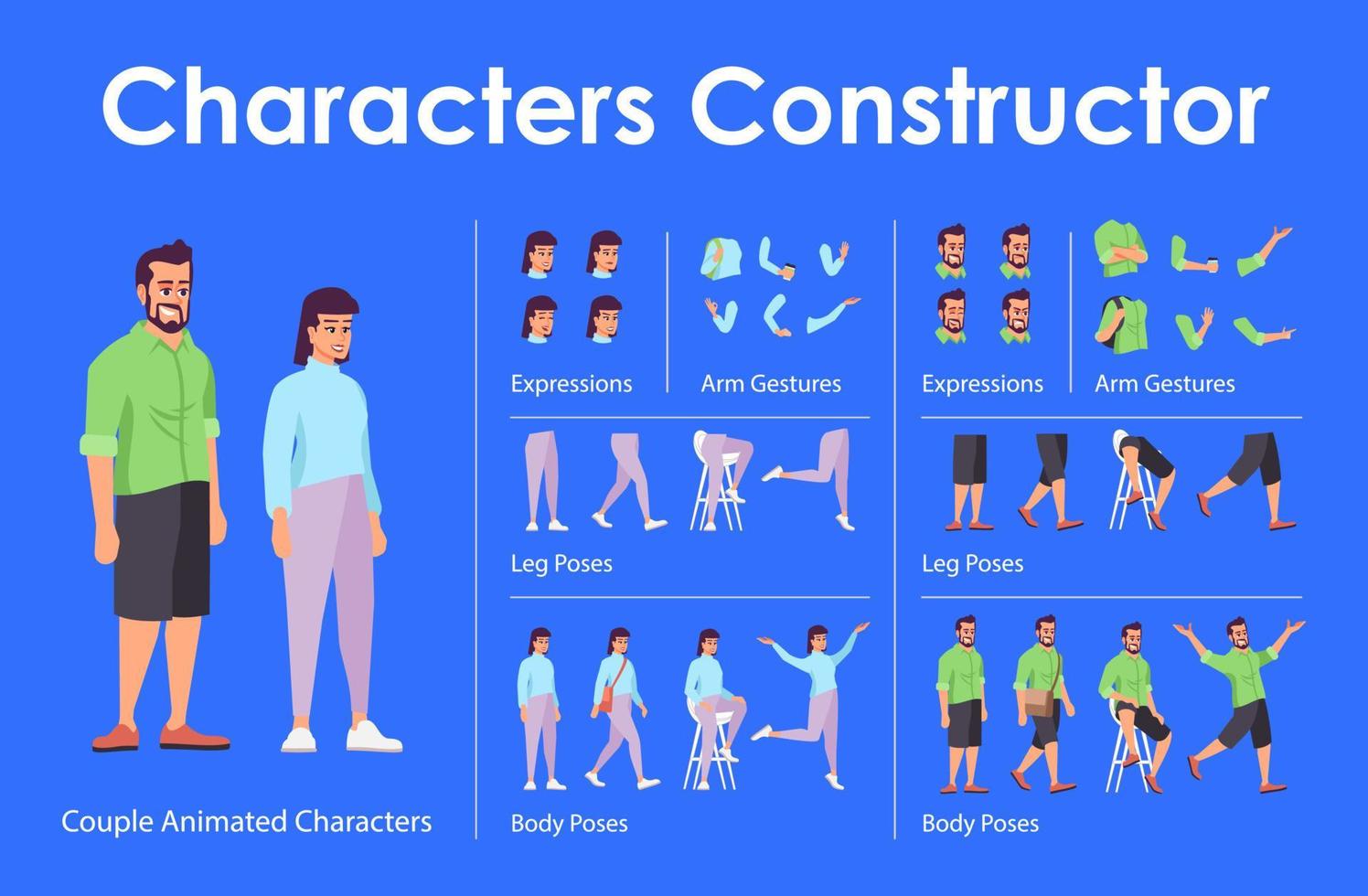 Smiling couple front view animated flat vector characters design set. Man, woman constructor with various face emotion, body poses, hand gestures, legs kit