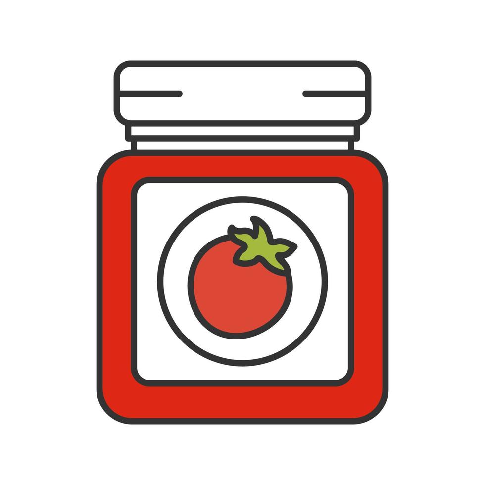 Tomato sauce jar color icon. Homemade ketchup. Vegetable preserve. Isolated vector illustration