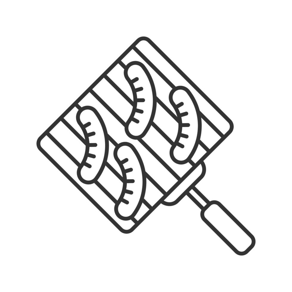 Hand grill with sausages linear icon. Thin line illustration. Barbecue grid. Contour symbol. Vector isolated drawing