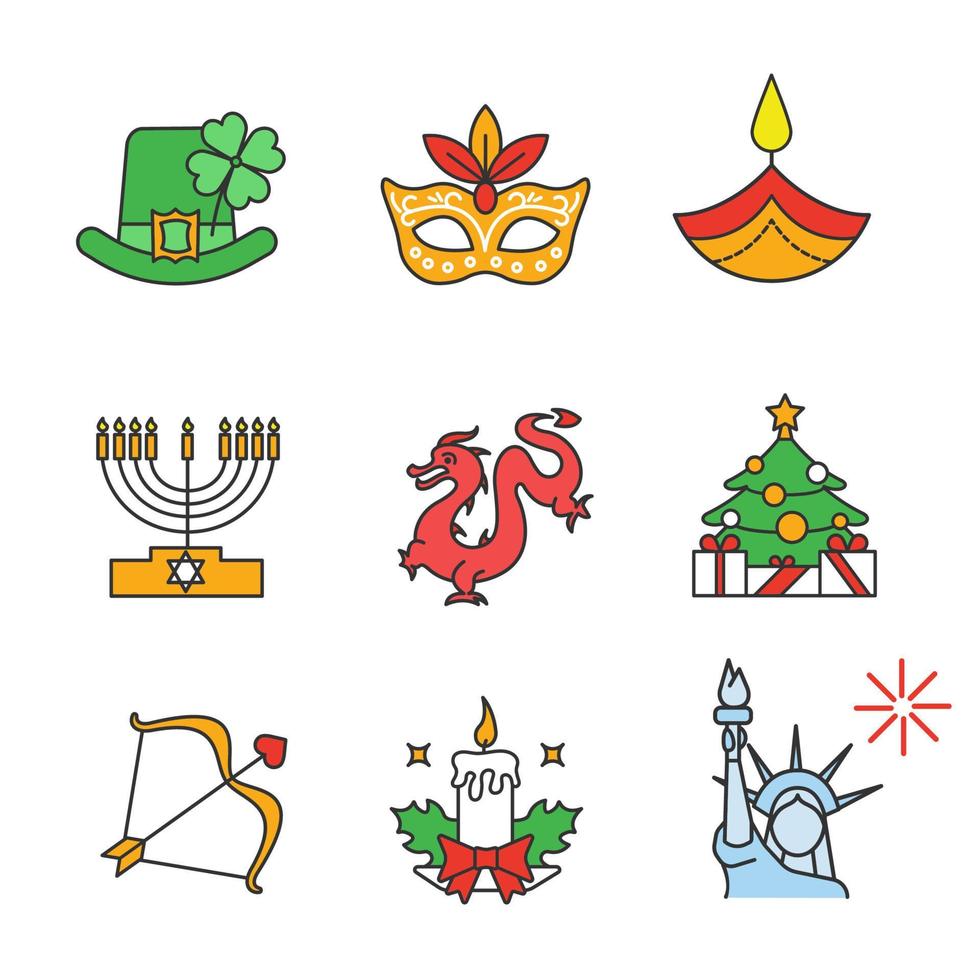 Holidays color icons set. St. Patrick's Day, Mardi Gras, Diwali, Hanukkah, Chinese New Year, Valentine's Day, July 4th, Christmas. Isolated vector illustrations