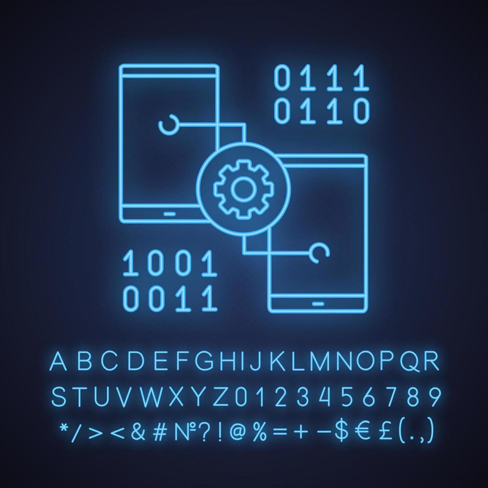 Smartphone settings neon light icon. App development. Phones with cogwheel and binary code. Glowing sign with alphabet, numbers and symbols. Vector isolated illustration