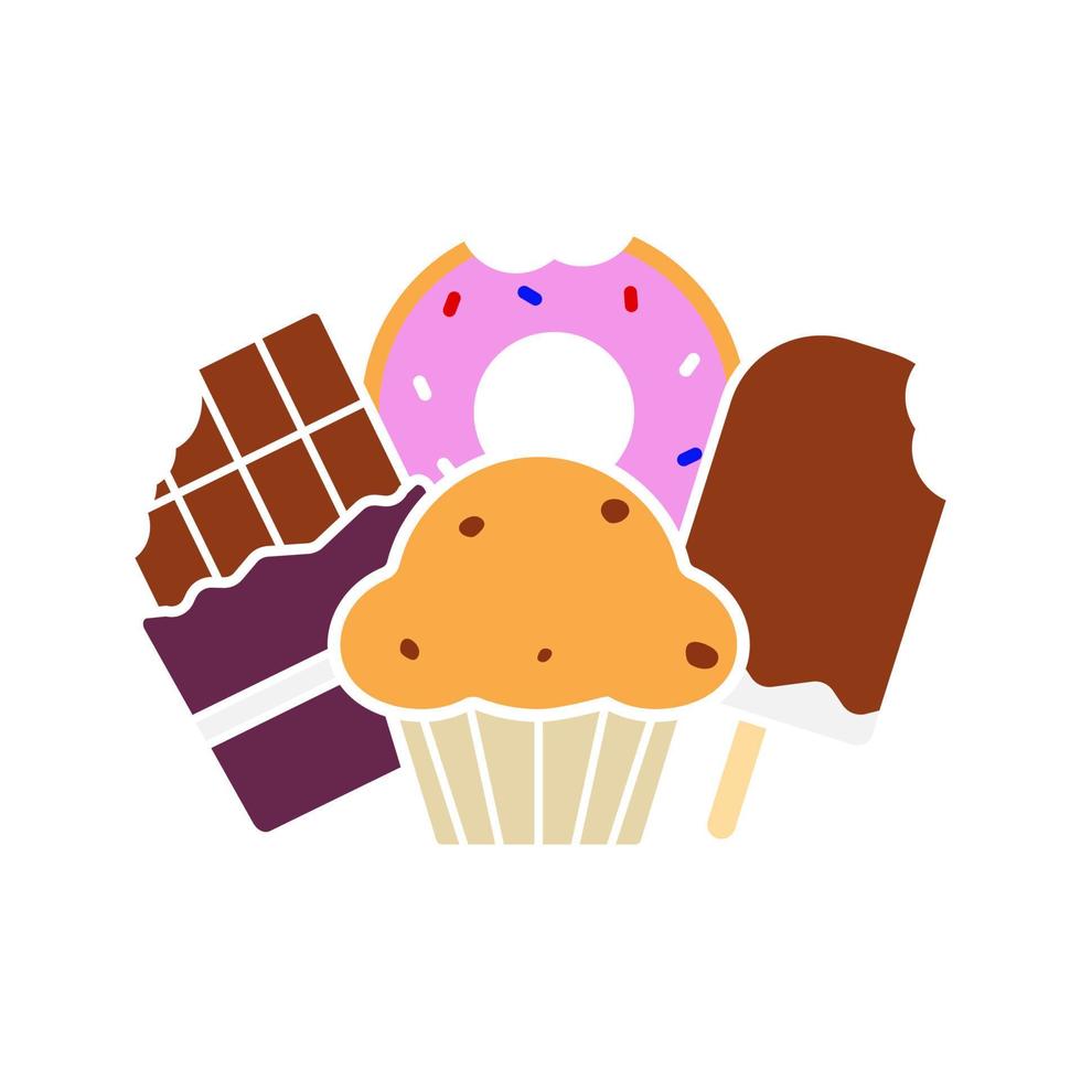 Sweets glyph color icon. Confectionery. Chocolate bar, doughnut, muffin with raisins, ice cream. Silhouette symbol on white background with no outline. Negative space. Vector illustration