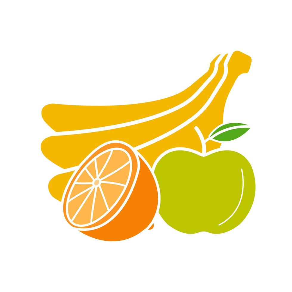 icono de color de glifo de frutas. plátano, naranja y manzana. naturaleza muerta. símbolo de silueta sobre fondo blanco sin contorno. espacio negativo. ilustración vectorial vector