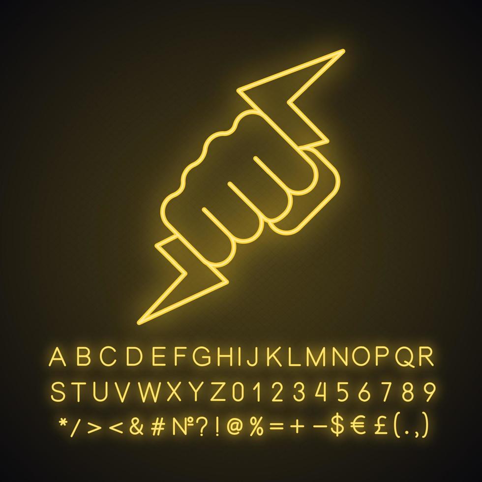 Hand holding lightning bolt neon light icon. Power fist. Electric energy. Zeus hand. Glowing sign with alphabet, numbers and symbols. Vector isolated illustration