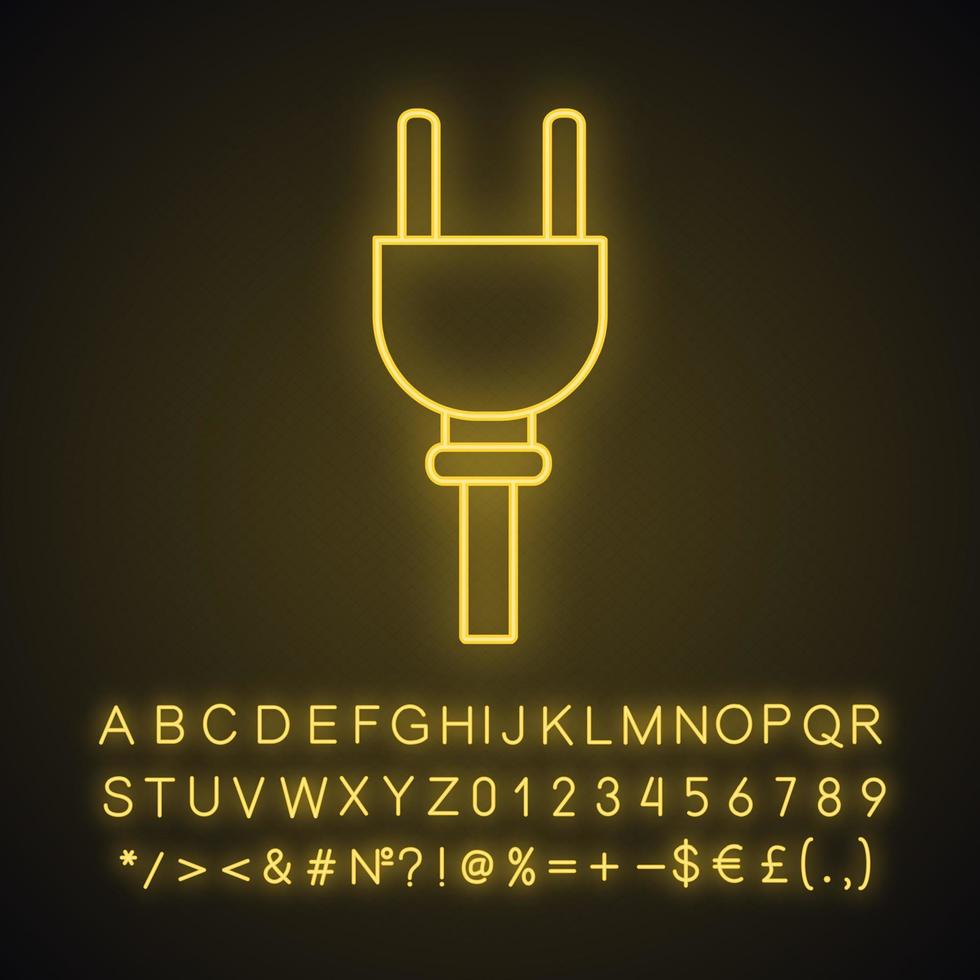 Electric plug neon light icon. Wiring. Power cable with plug. Glowing sign with alphabet, numbers and symbols. Vector isolated illustration