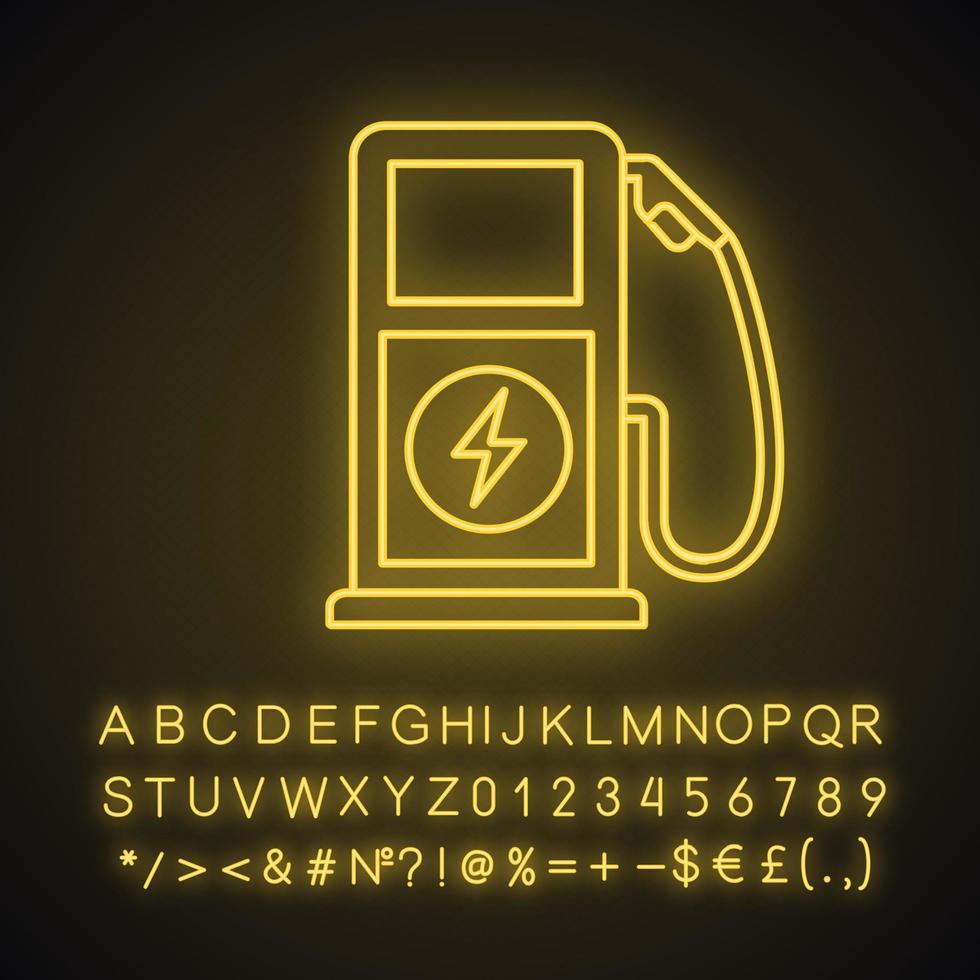 Electric vehicle charging station neon light icon. Electric car service. Car charge. Electric charging point. Glowing sign with alphabet, numbers and symbols. Vector isolated illustration