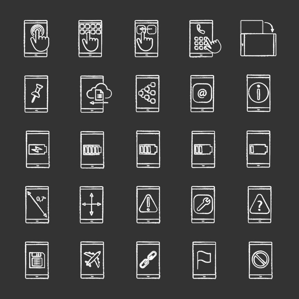 Smartphone chalk icons set. Internet connection, data transfer, apps, communication. Isolated vector chalkboard illustrations