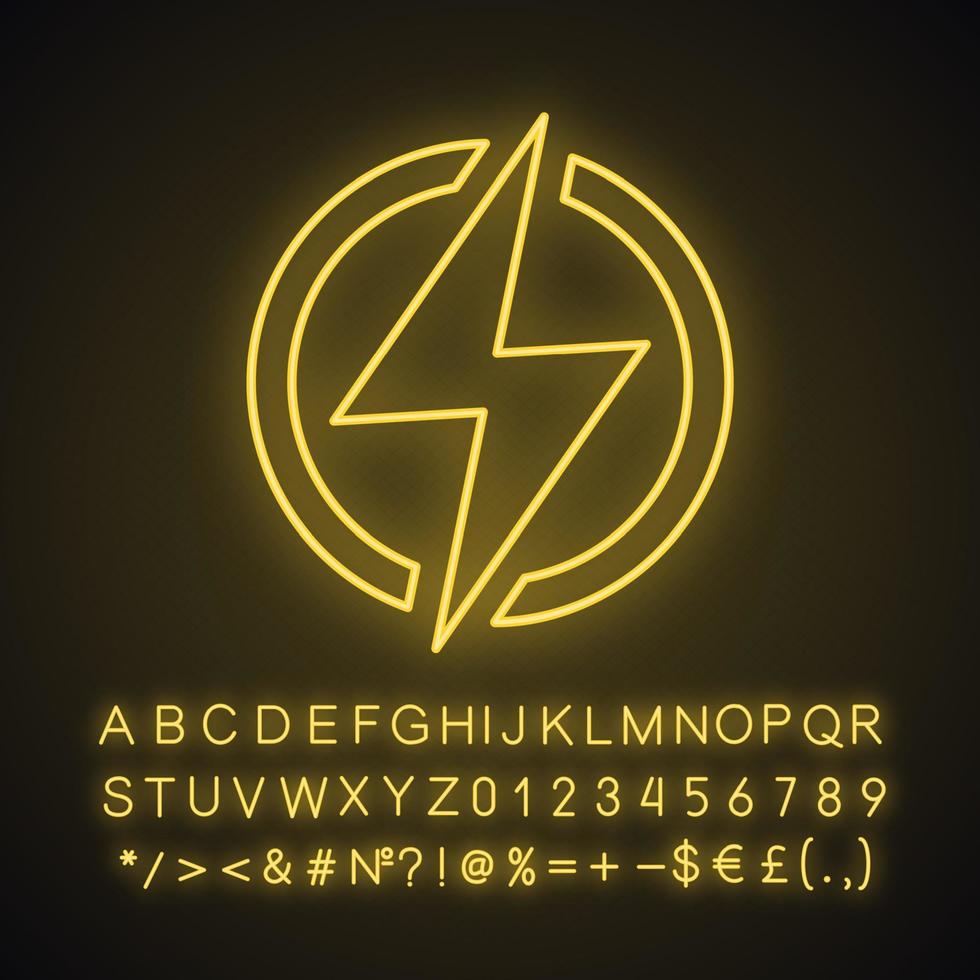 Electric power sign neon light icon. Lightning bolt. Glowing sign with alphabet, numbers and symbols. Charging. Thunder. Power button. Electricity. Vector isolated illustration