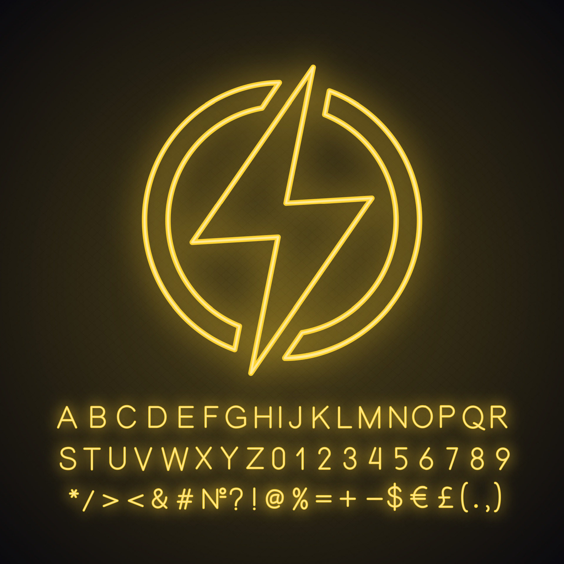 Electric power sign neon light icon. Lightning bolt. Glowing sign with