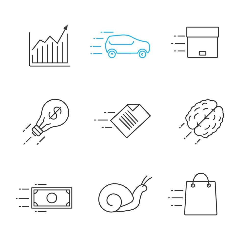 Motion linear icons set. Speed. Chart, snail, car, flying parcel, file, dollar, brain, idea, fast shopping. Thin line contour symbols. Isolated vector outline illustrations