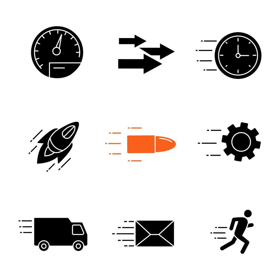 Motion glyph icons set. Speed. Flying clock, startup, bullet, cogwheel, van, mailing, running man, speedometer, arrows. Silhouette symbols. Vector isolated illustration