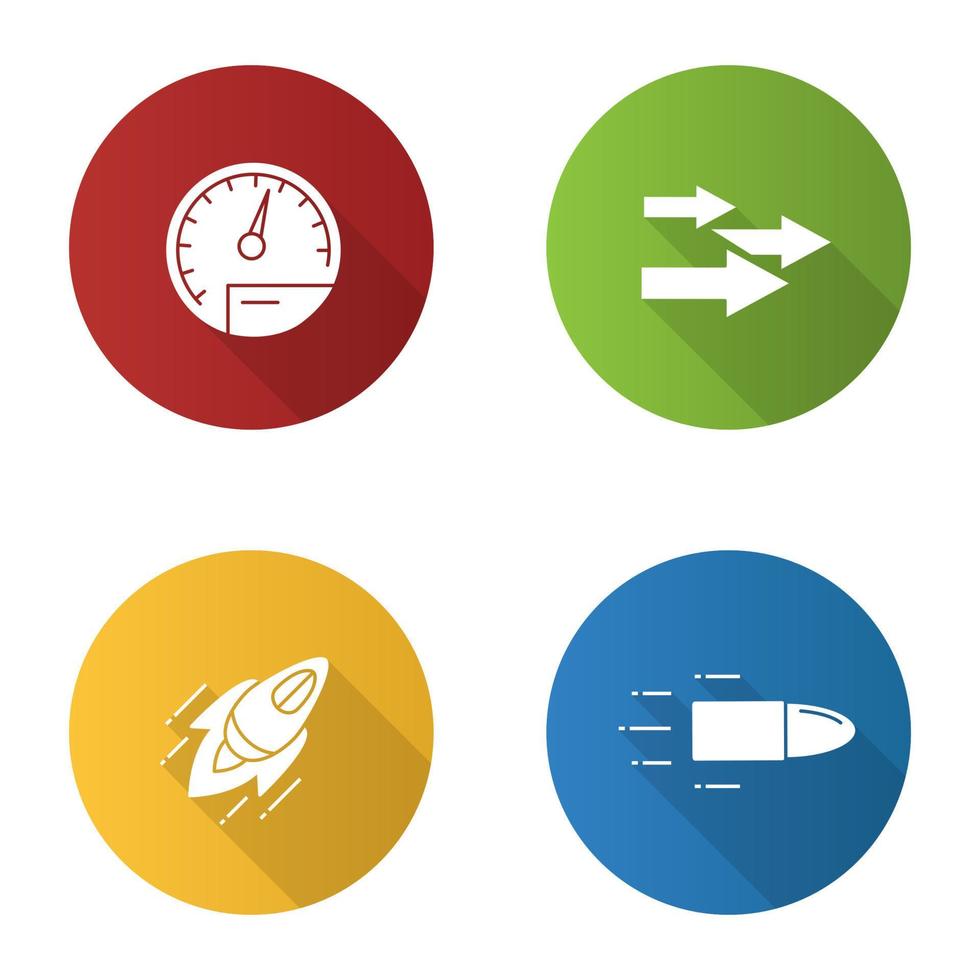 Motion flat design long shadow glyph icons set. Speed. Speedometer, arrows, startup, flying bullet. Vector silhouette illustration