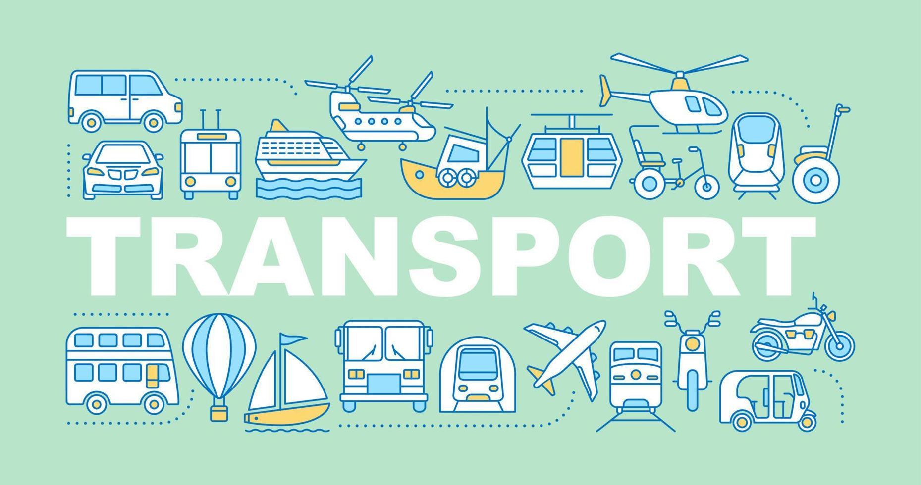 banner de conceptos de palabras de transporte público. vehículos acuáticos, terrestres y aéreos. modos de transporte. idea de tipografía de letras aisladas con iconos lineales. ilustración de contorno vectorial vector