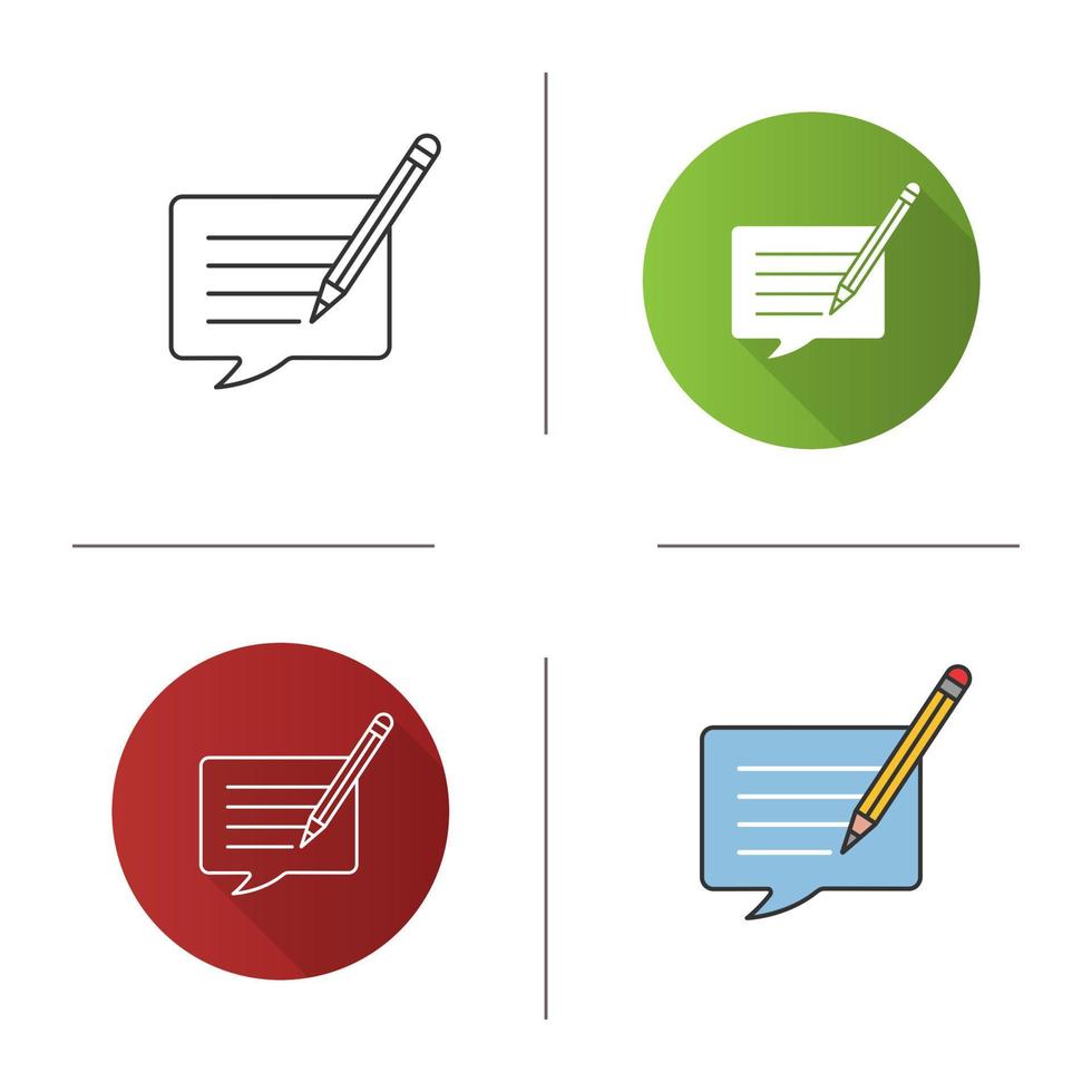 Writing message icon. Chatting. Message editing. Communication. Speech bubble with pencil. Flat design, linear and color styles. Isolated vector illustrations
